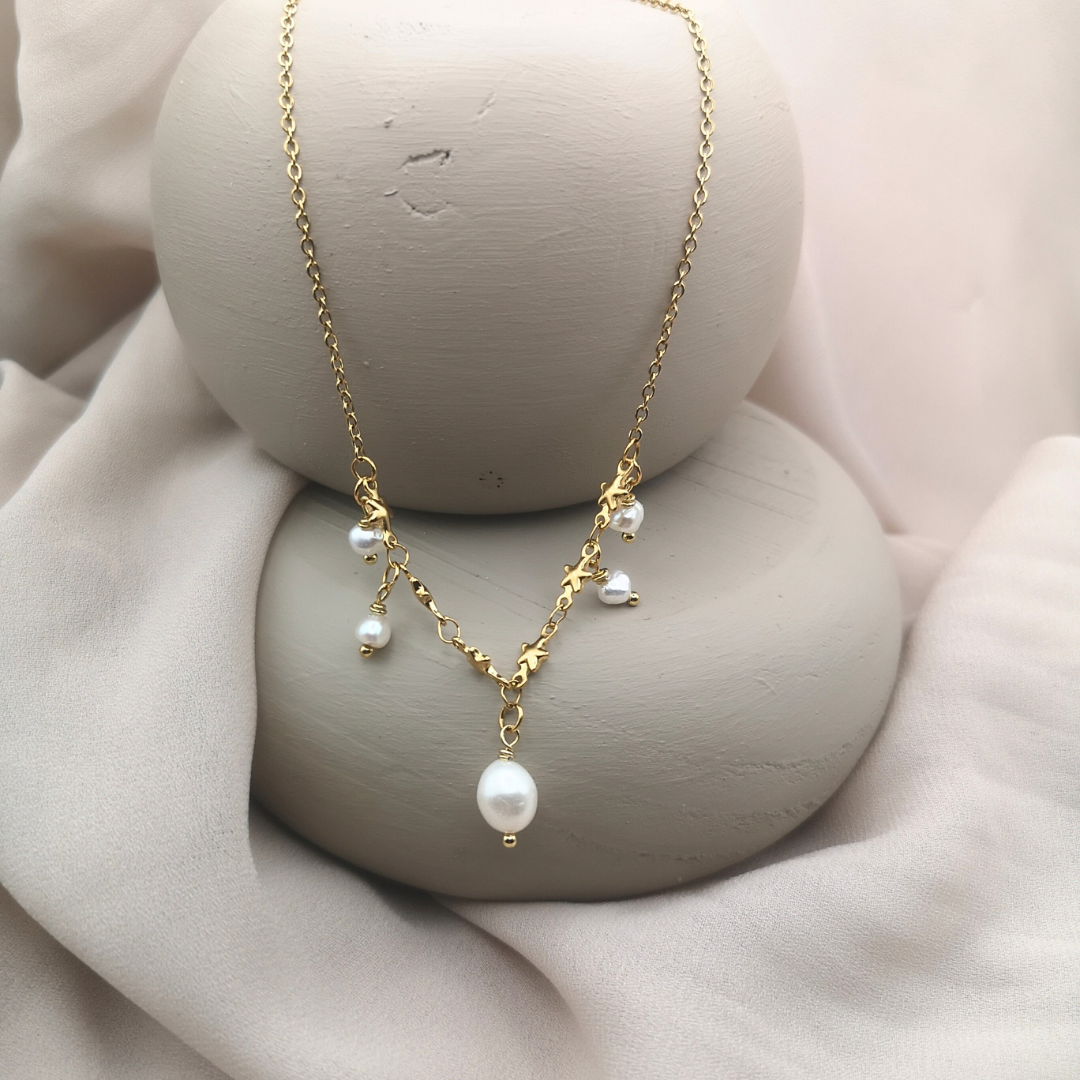 White Freshwater Pearl Gold Plated Stainless Steel Necklace