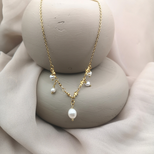 White Freshwater Pearl Gold Plated Stainless Steel Necklace