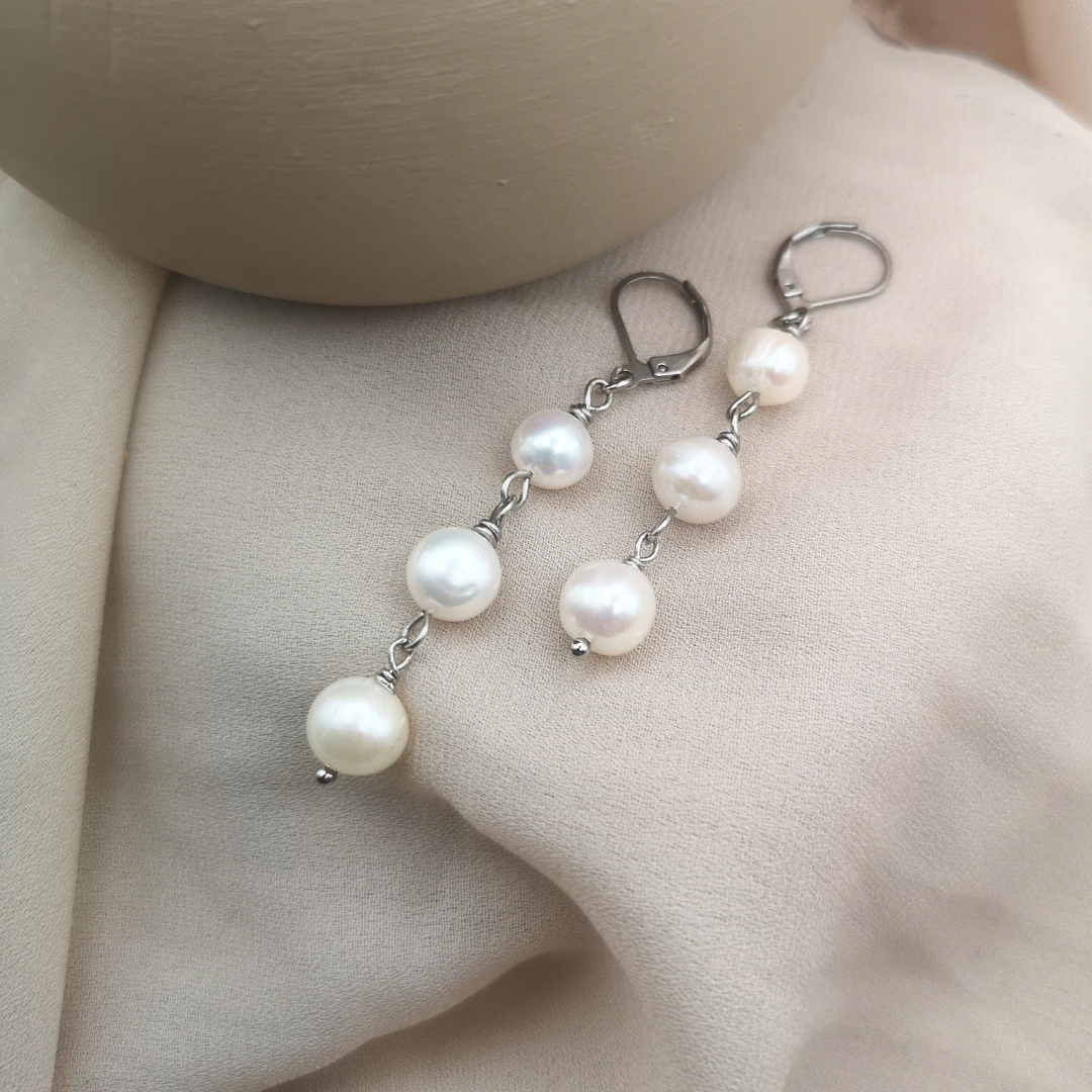 Stainless Steel Triple Freshwater Pearl Earrings