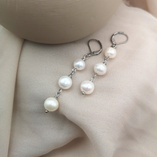 Stainless Steel Triple Freshwater Pearl Earrings