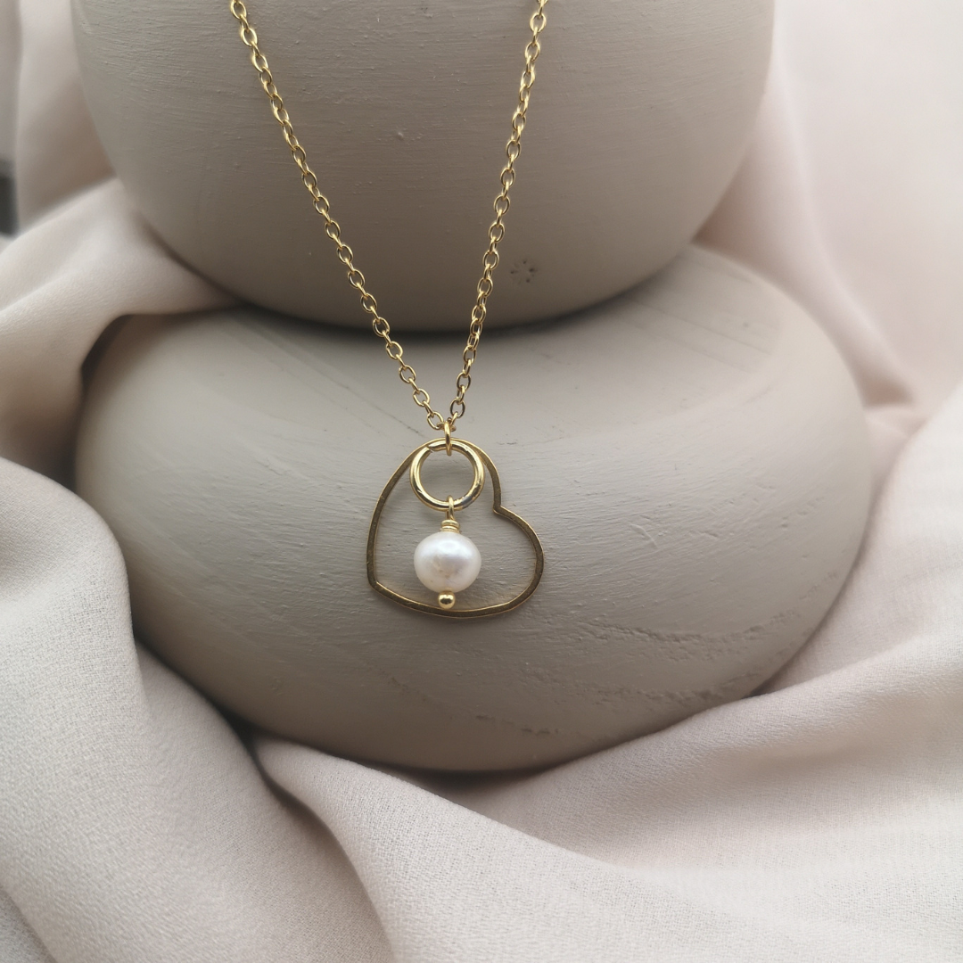 White Freshwater Pearl Gold Plated Stainless Steel Heart Necklace