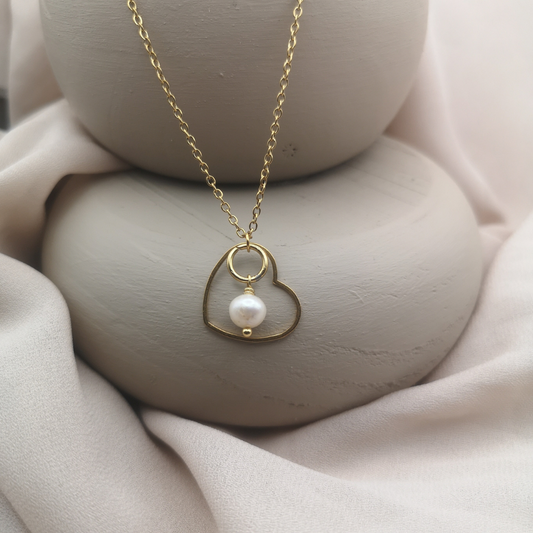 White Freshwater Pearl Gold Plated Stainless Steel Heart Necklace