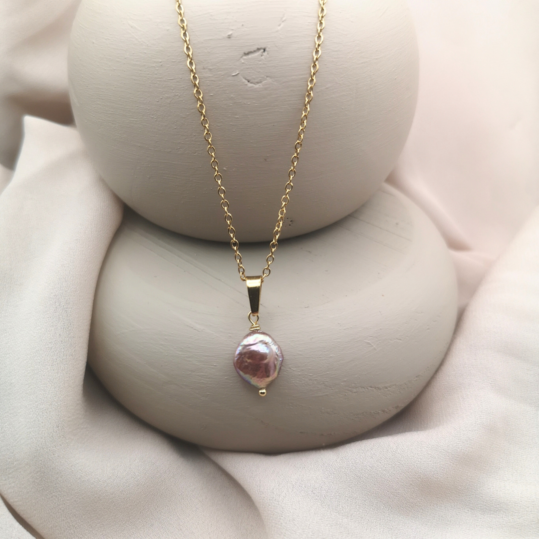 Baroque Freshwater Coin Pearl Gold Plated Stainless Steel Necklace
