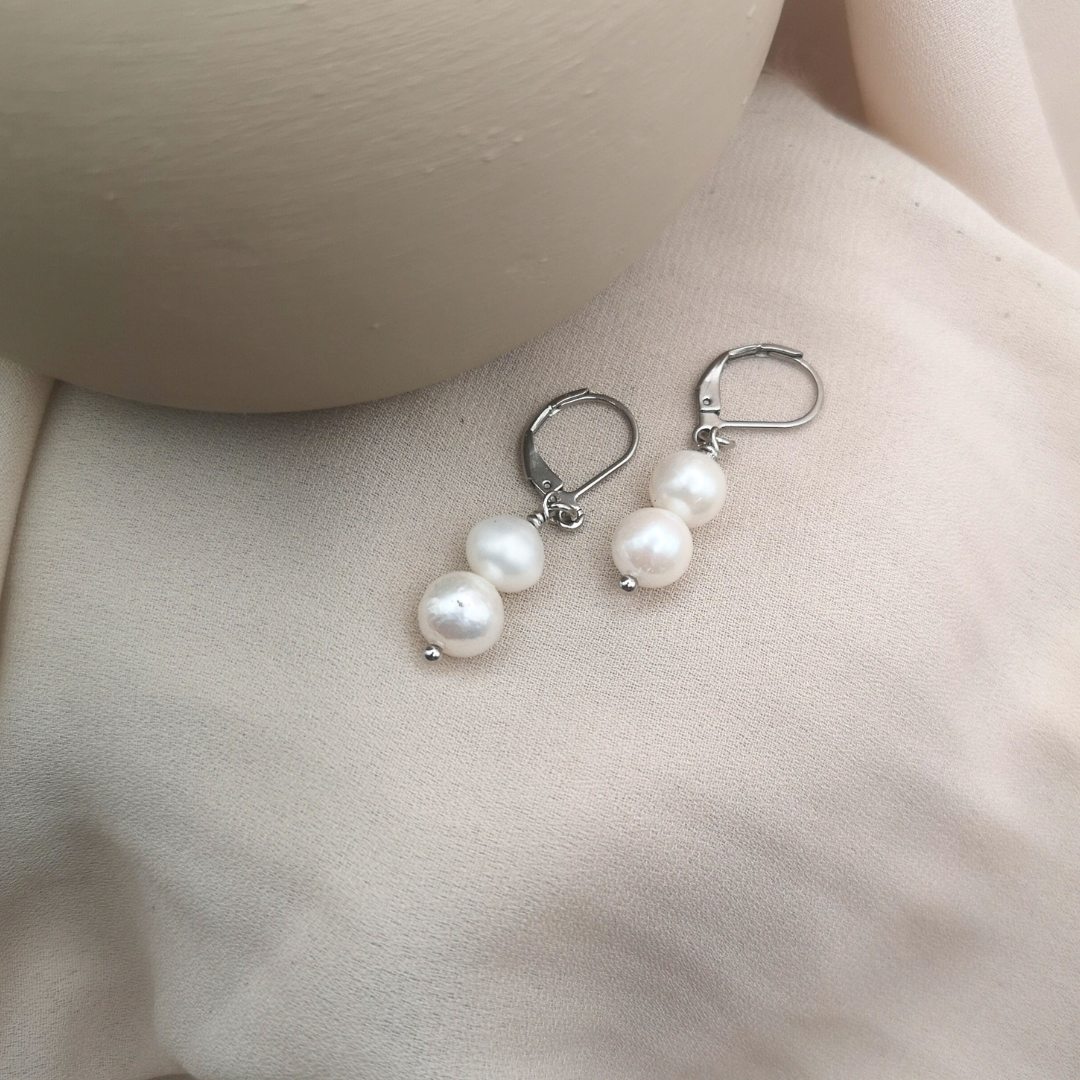 Stainless Steel Double Freshwater Pearl Earrings - Kiooinsitu