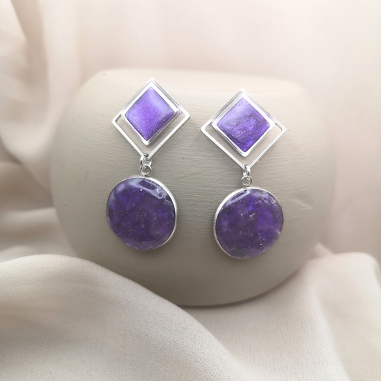 Stainless Steel & Crushed Amethyst Drop Earrings