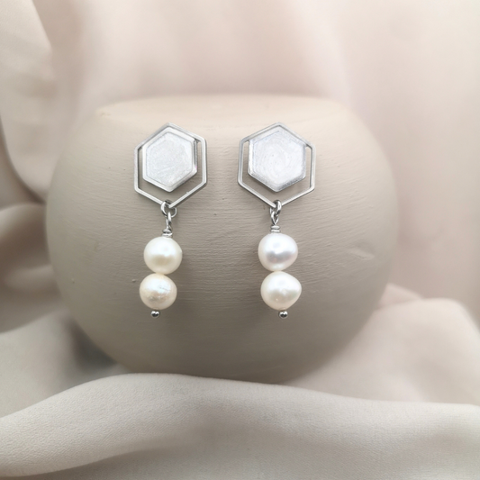 Liora - Natural Freshwater Pearl Stainless Steel Drop Earrings.