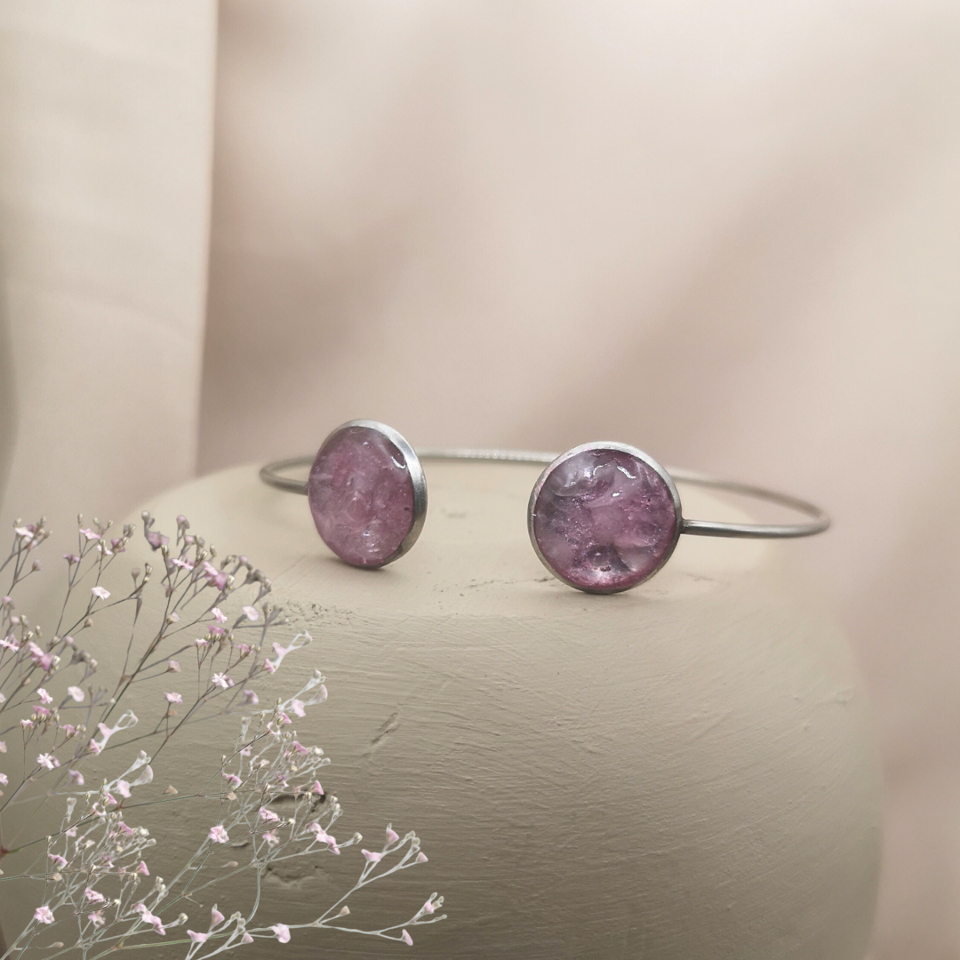 Blush Meadow - Stainless Steel Cuff Bangle with Crushed Rose Quartz