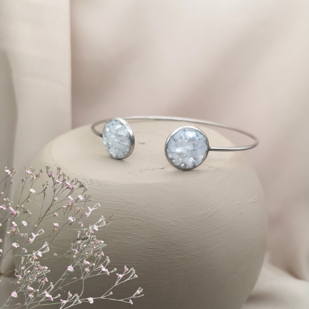Pure Essence - Stainless Steel Cuff Bangle with Crushed White Freshwater Pearls