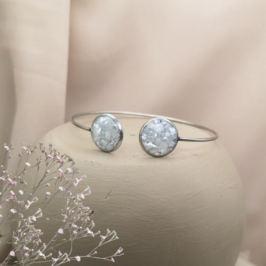 Lunar Whisper - Stainless Steel Cuff Bangle with Crushed White Freshwater Pearls