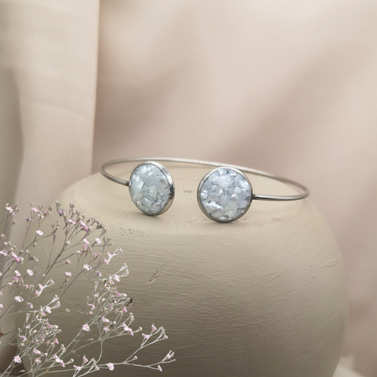 Lunar Whisper - Stainless Steel Cuff Bangle with Crushed White Freshwater Pearls