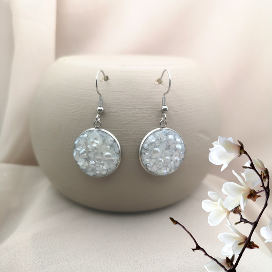 Ethereal Path - Stainless Steel Drop Earrings with Crushed White Freshwater Pearls