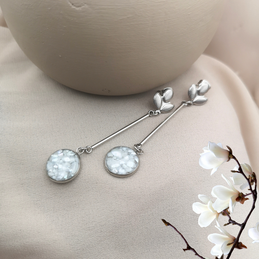 Whispering Dawn - Stainless Steel Dangle Earrings with Crushed White Freshwater Pearls