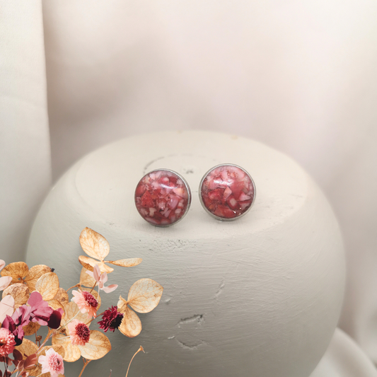 Stainless Steel Stud Earrings With Crushed Natural Red Coral 12 mm