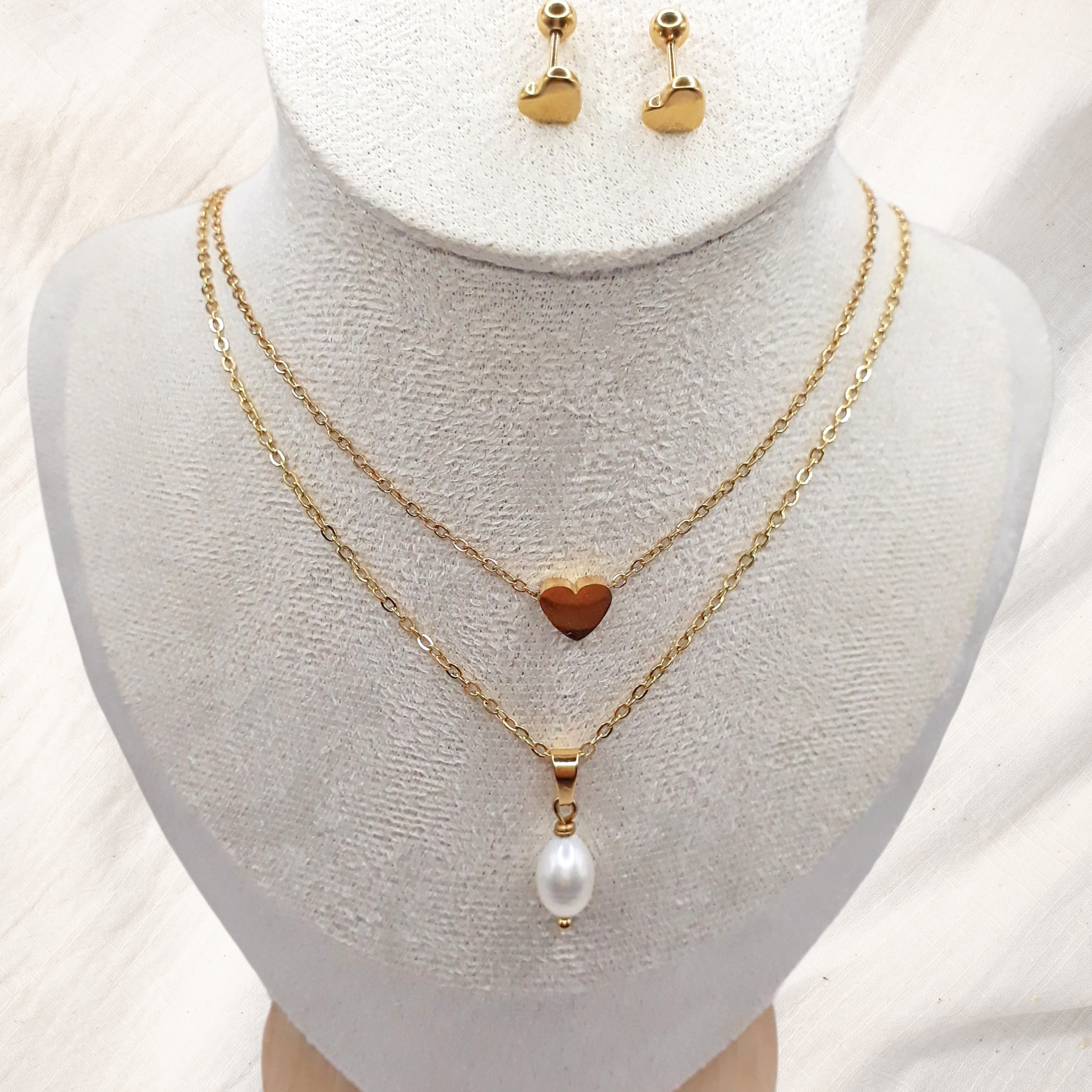 Elegant Heart and Pearl Jewellery Set, versatile 3-piece set - Kiooinsitu