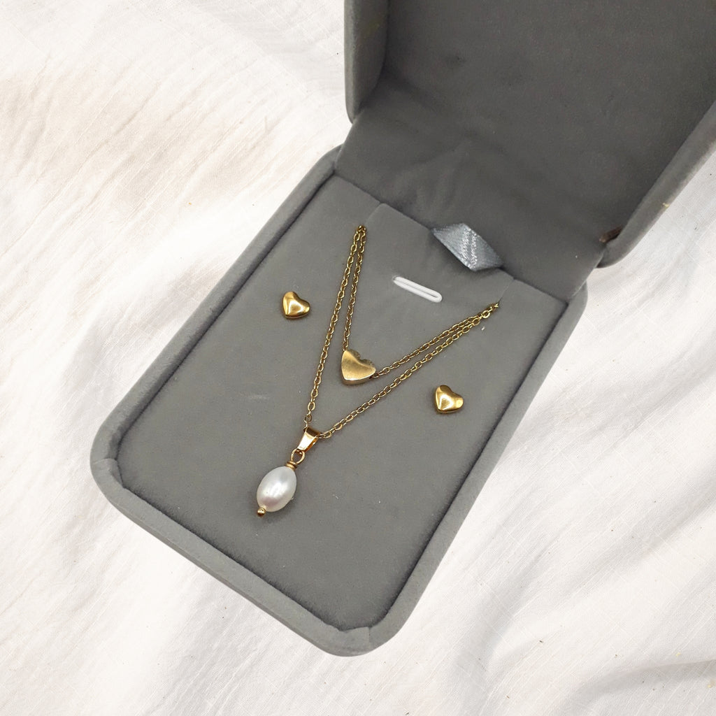 Elegant Heart and Pearl Jewellery Set, versatile 3-piece set - Kiooinsitu