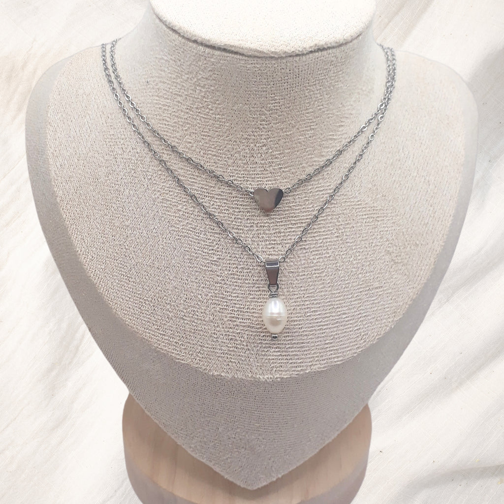 Silver Heart and Pearl Necklace - Kiooinsitu