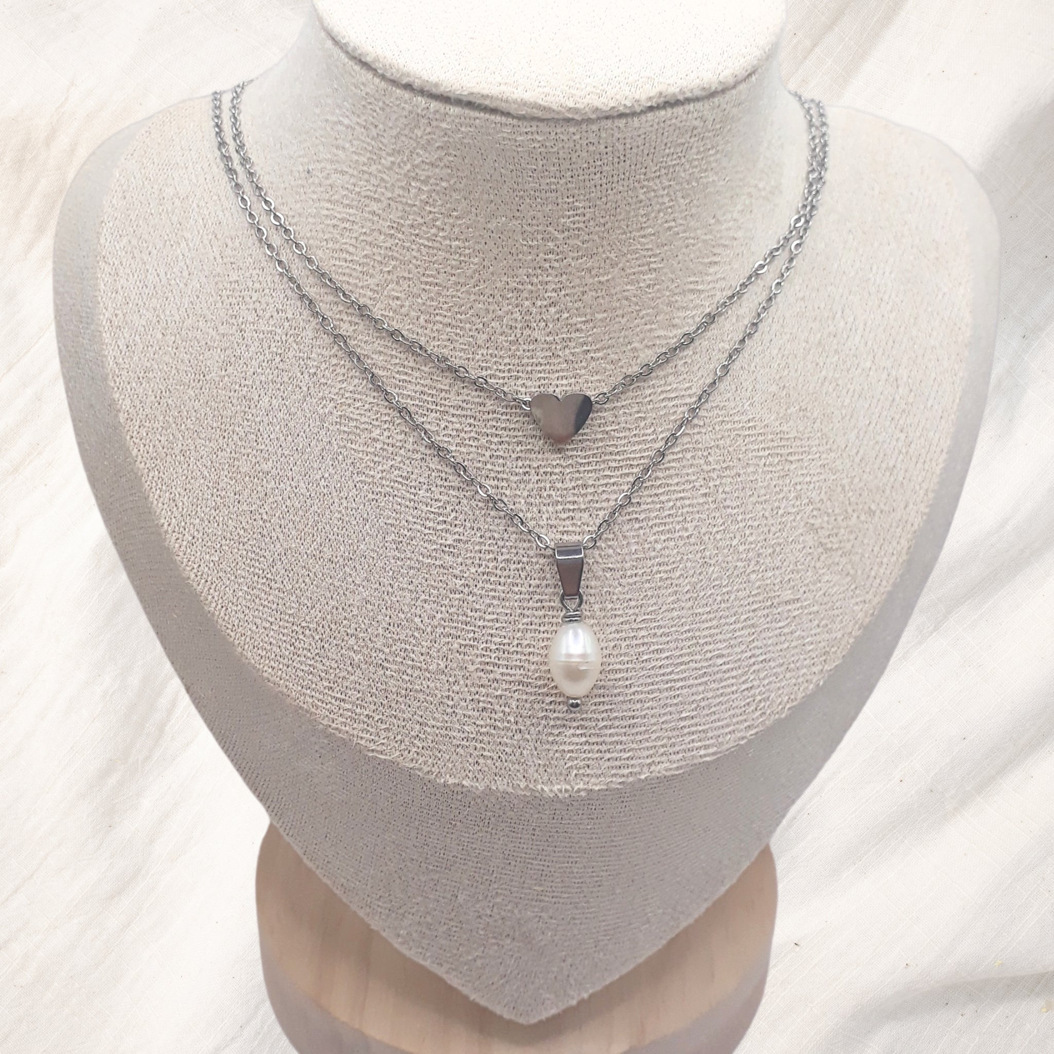 Silver Heart and Pearl Necklace - Kiooinsitu