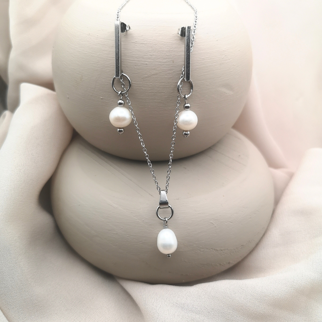 White Freshwater Pearl Stainless Steel Necklace and Earrings