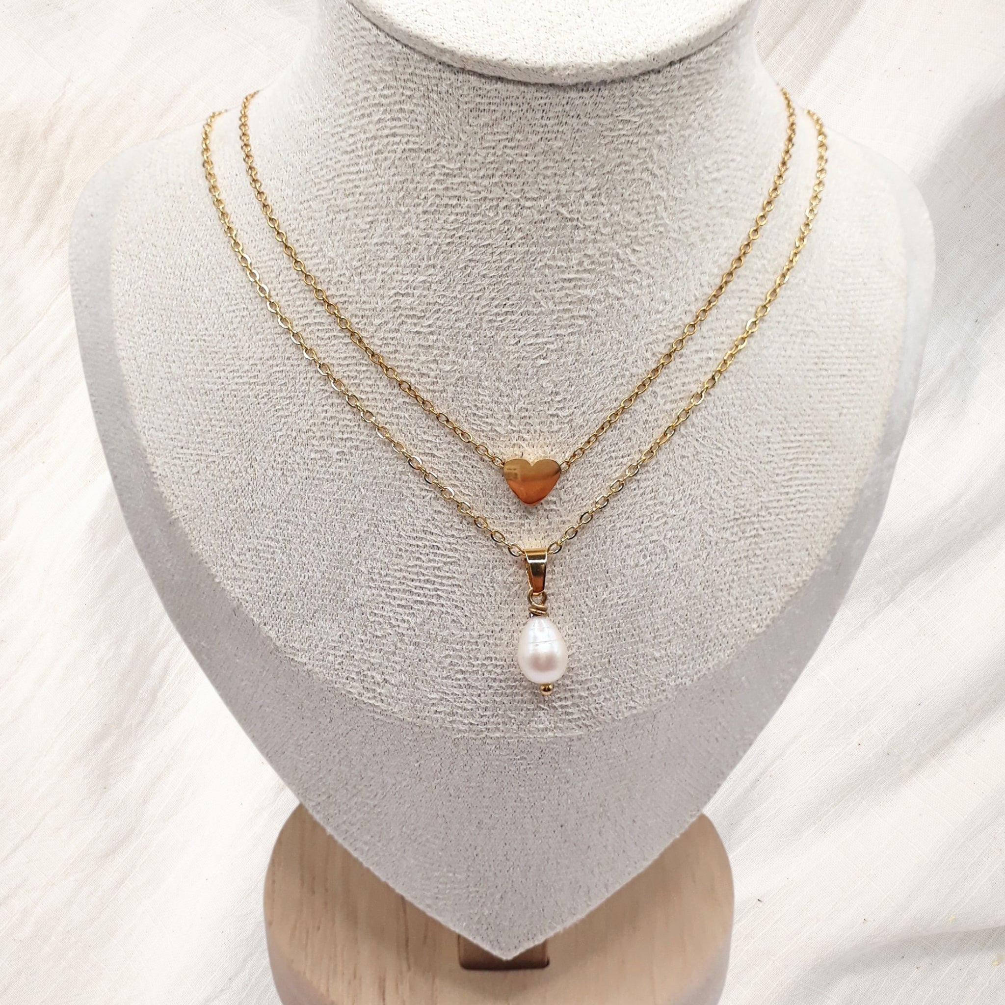 Gold Heart & Pearl Necklace Duo - Kiooinsitu