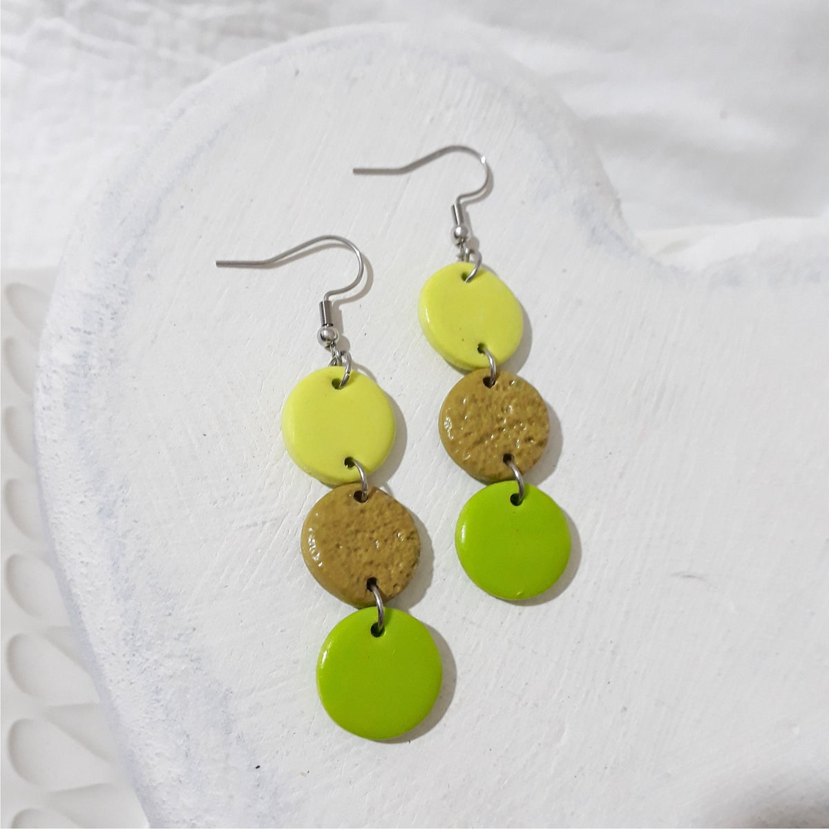 Polymer clay cascade earrings in lemon yellow and green with silver ear hooks