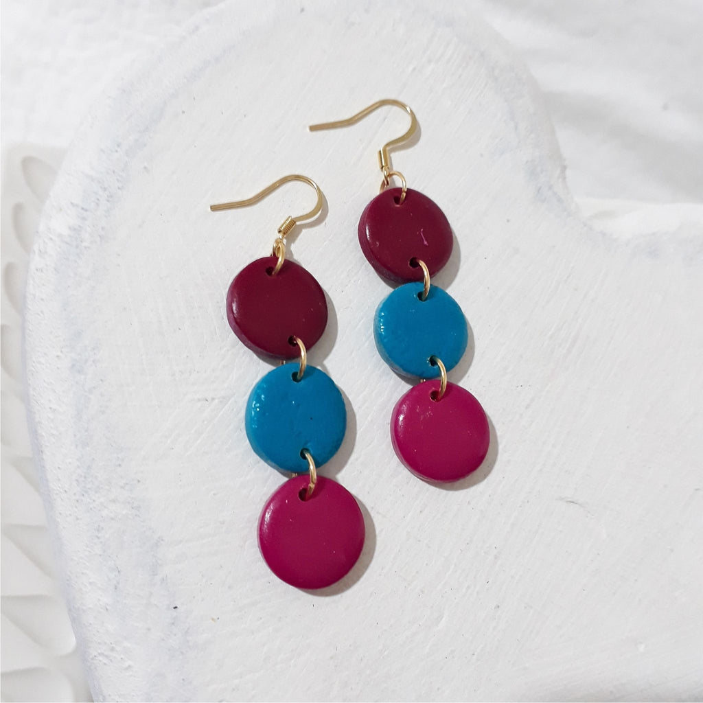 Maroon, Aqua & Cerise Gold-Plated Cascade Clay Earrings