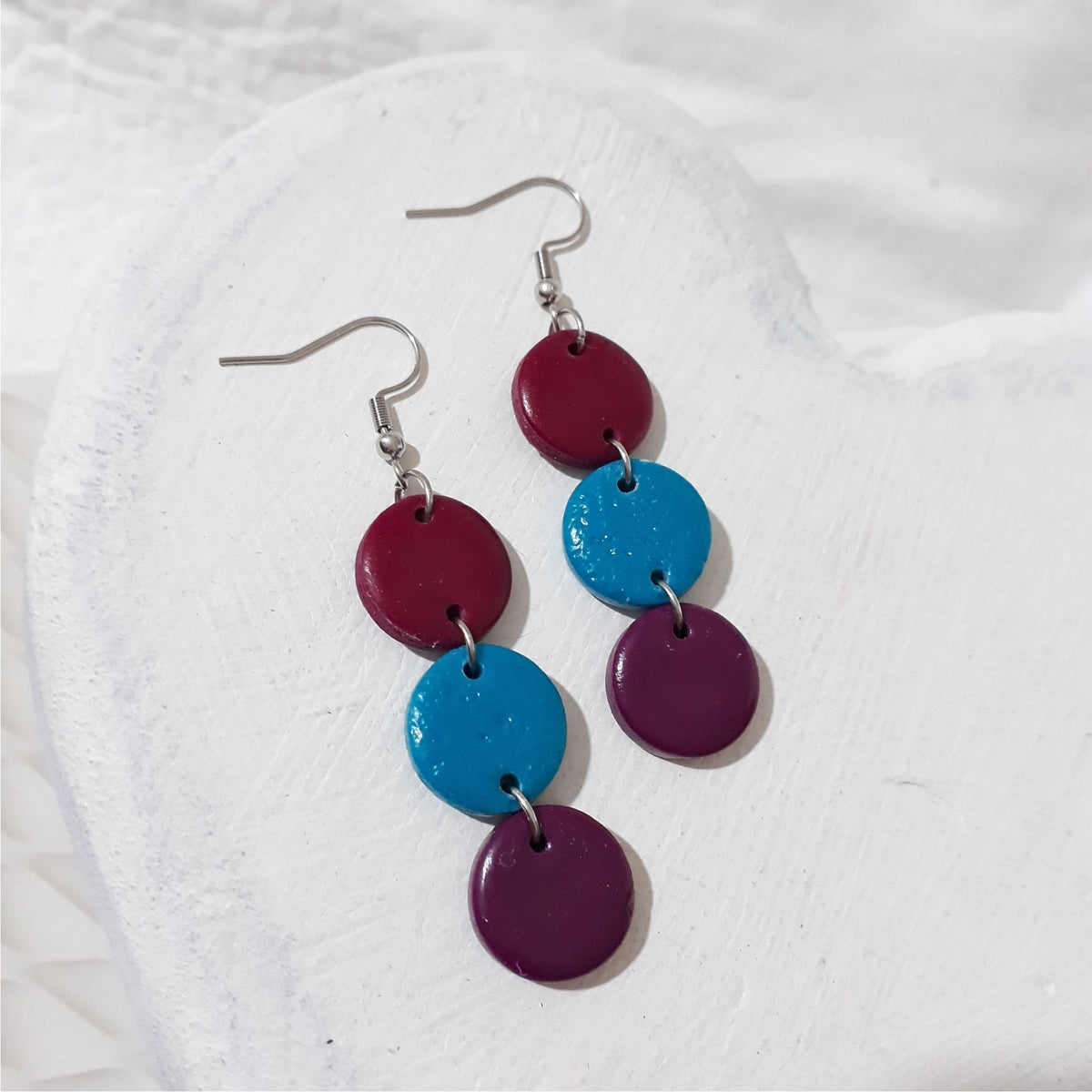 Maroon, Aqua Blue & Plum Cascade Polymer Clay Earrings