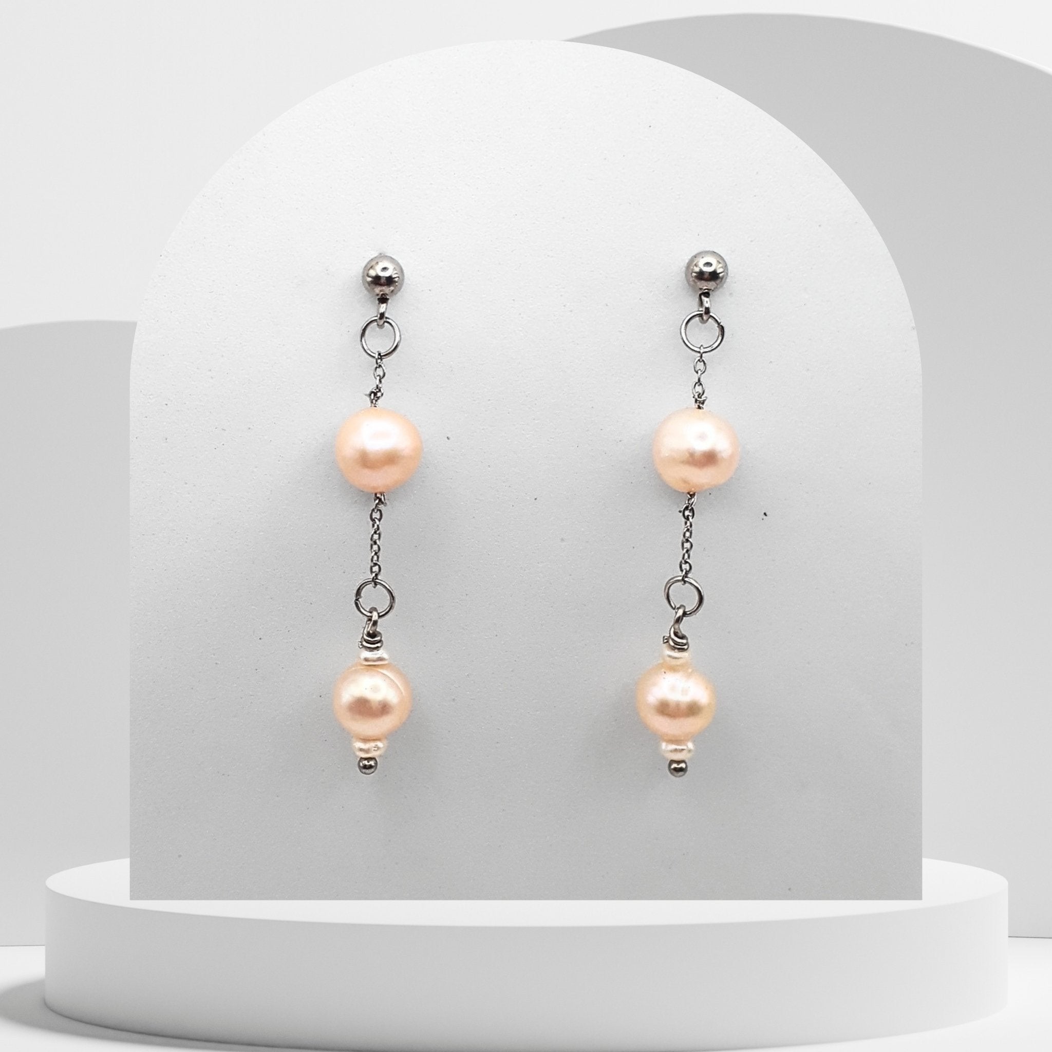 Peach pink freshwater pearl dangle earrings