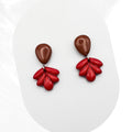Polymer clay drop earrings, brown teardrop ear stud with a earthy red leaf shape drop.