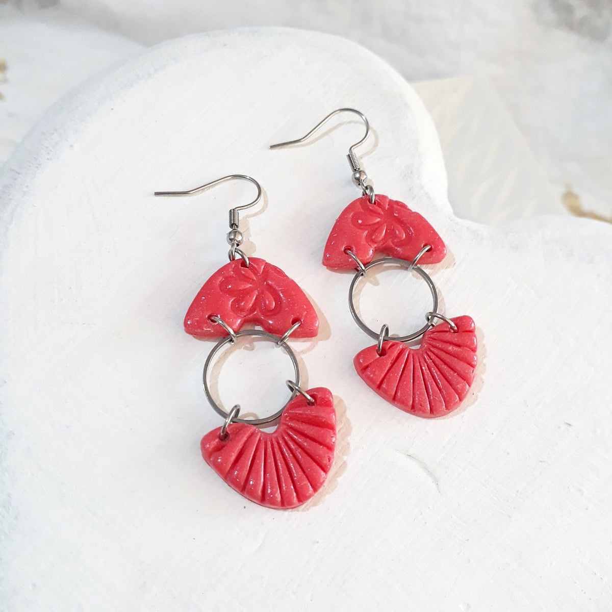 Salmon Pink Textured Fan & Floral Polymer Clay Dangle Earrings