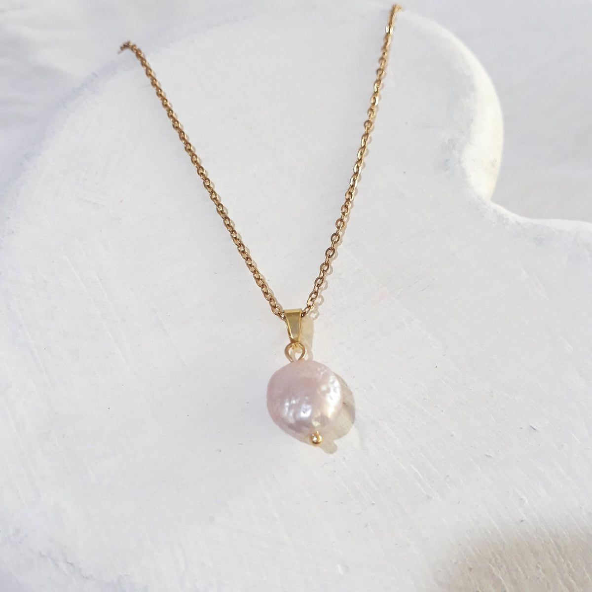 Soft pink freshwater coin pearl gold plated stainless steel necklace