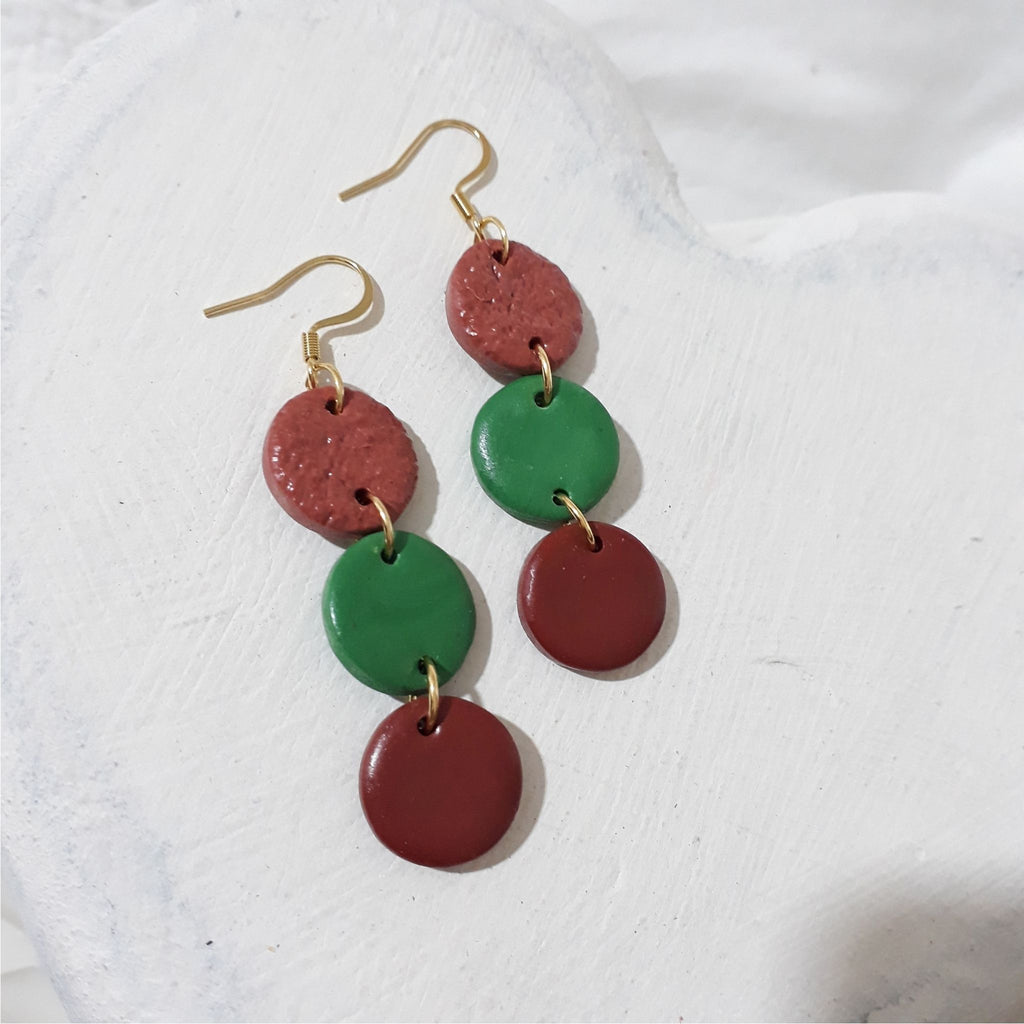 Brown and green polymer clay cascade gold plated earrings.