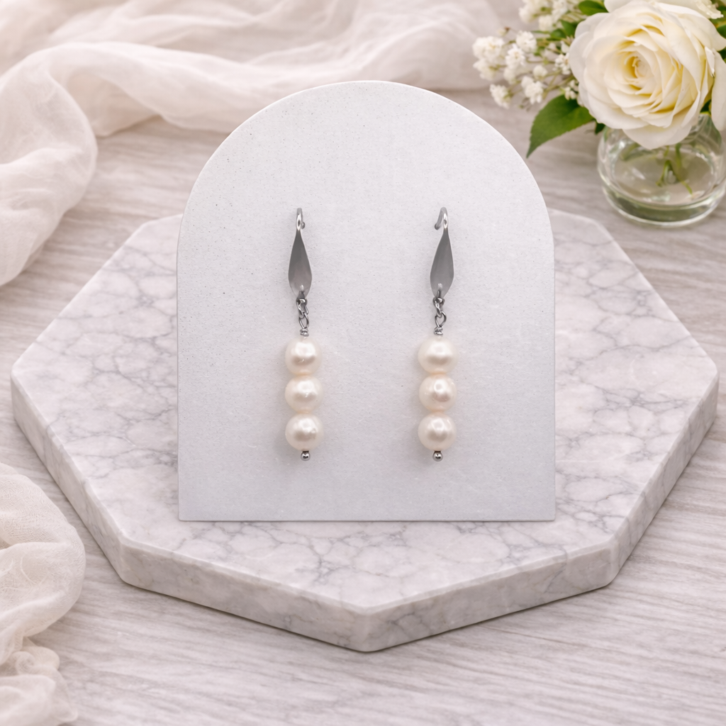 Stainless steel white freshwater pearl earrings