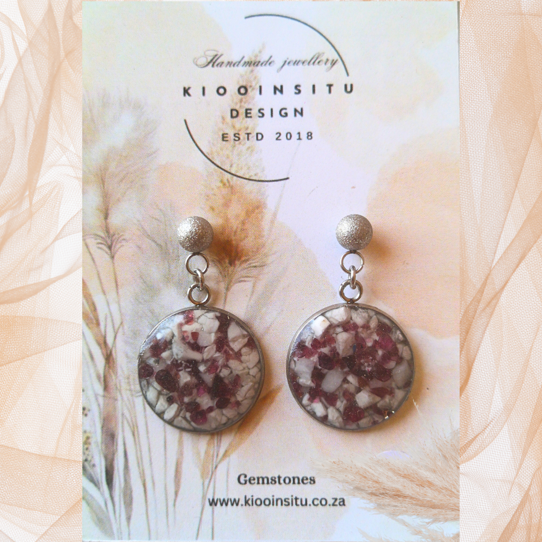 Crushed Garnet And Howlite Stainless Steel Drop Earrings