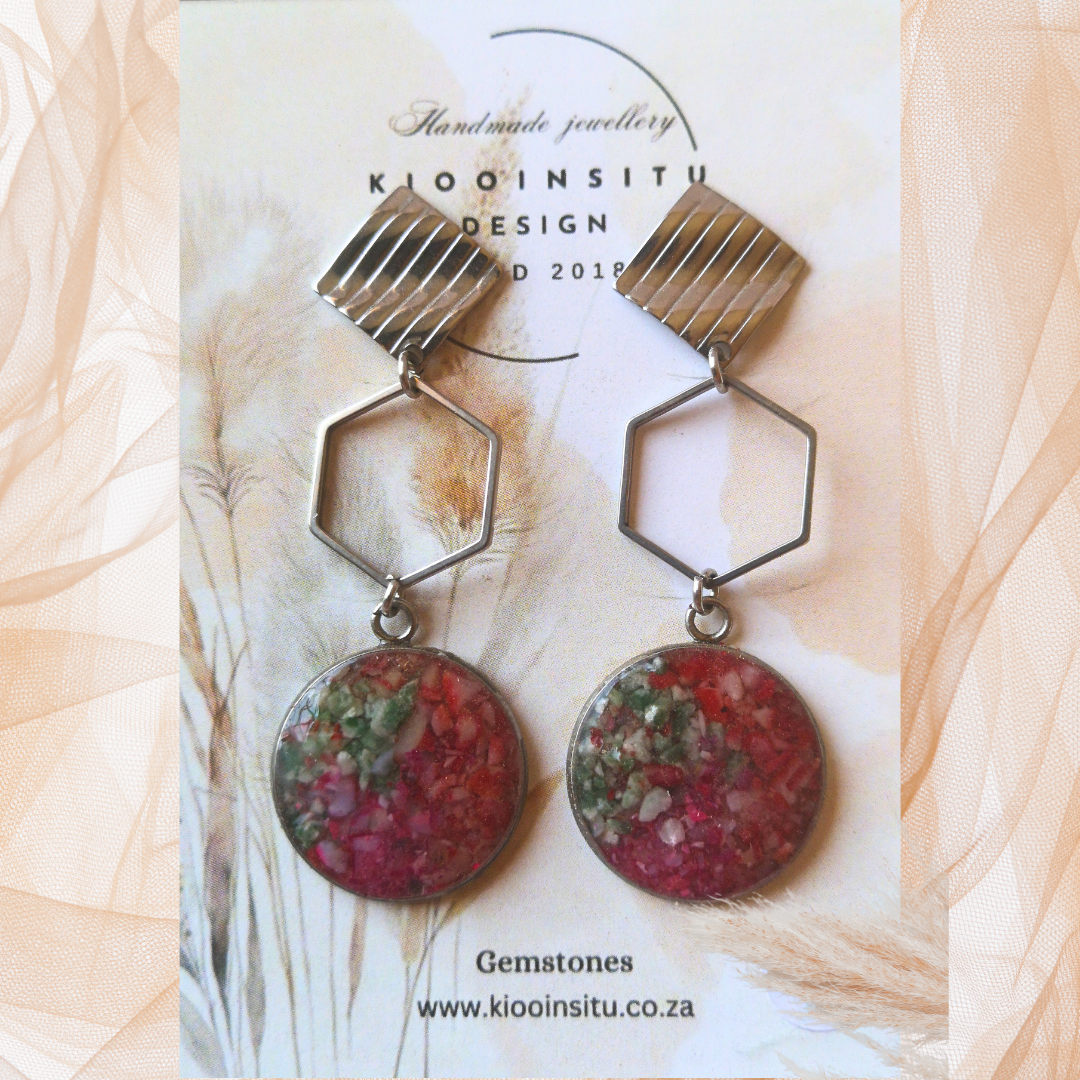 Crushed Mixed Gemstone Stainless Steel Dangle Earrings.