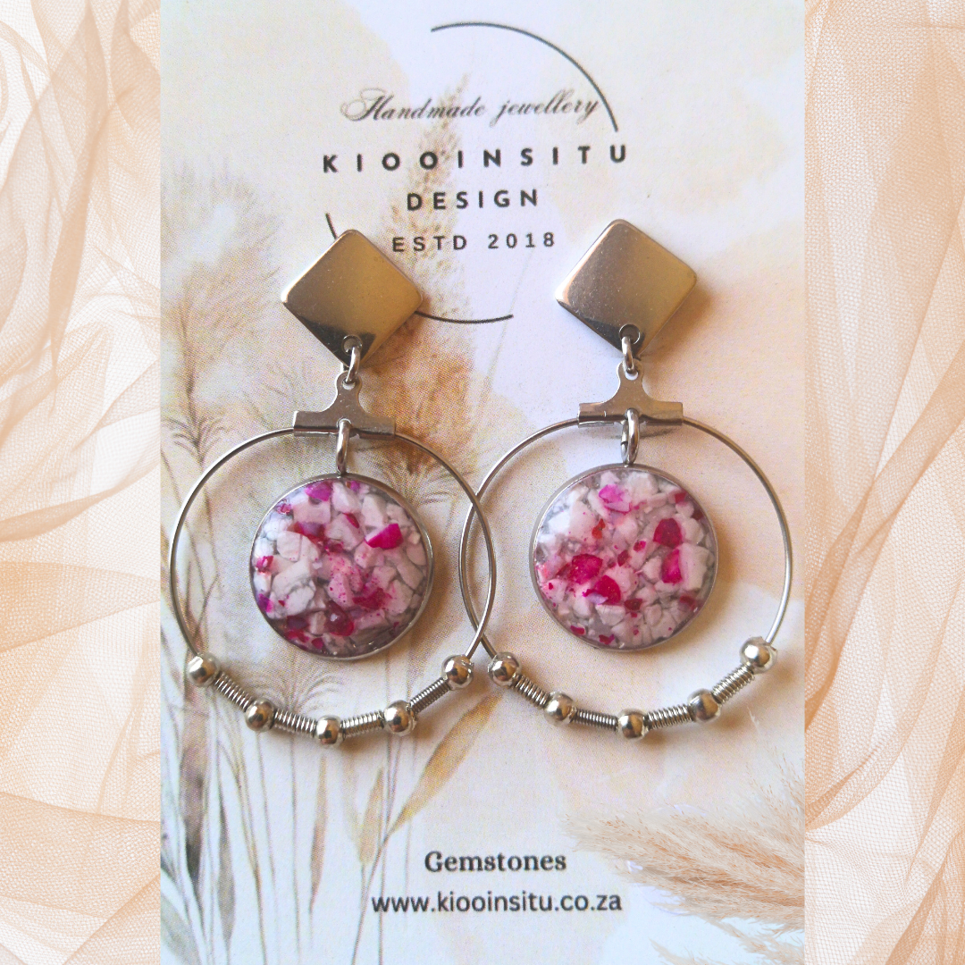 Crushed Pink Agate And Howlite Stainless Steel Hoop Earrings