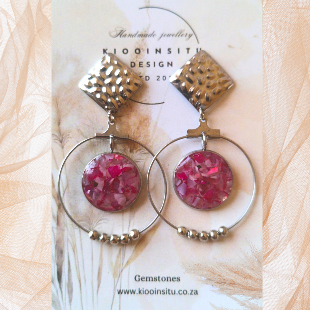 Crushed Pink Agate Stainless Steel Hoop Earrings