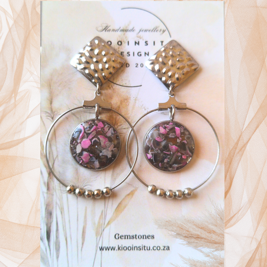 Crushed Pink And Black Agate Stainless Steel Hoop Earrings