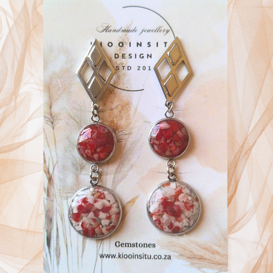 Crushed Red Coral And Howlite Stainless Steel Dangle Earrings