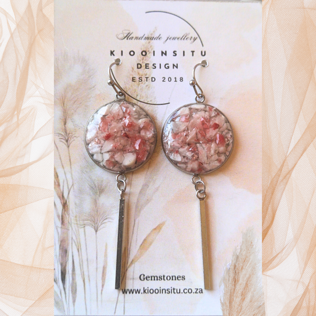 Crushed Strawberry Quartz And Howlite Stainless Steel Dangle-Earrings