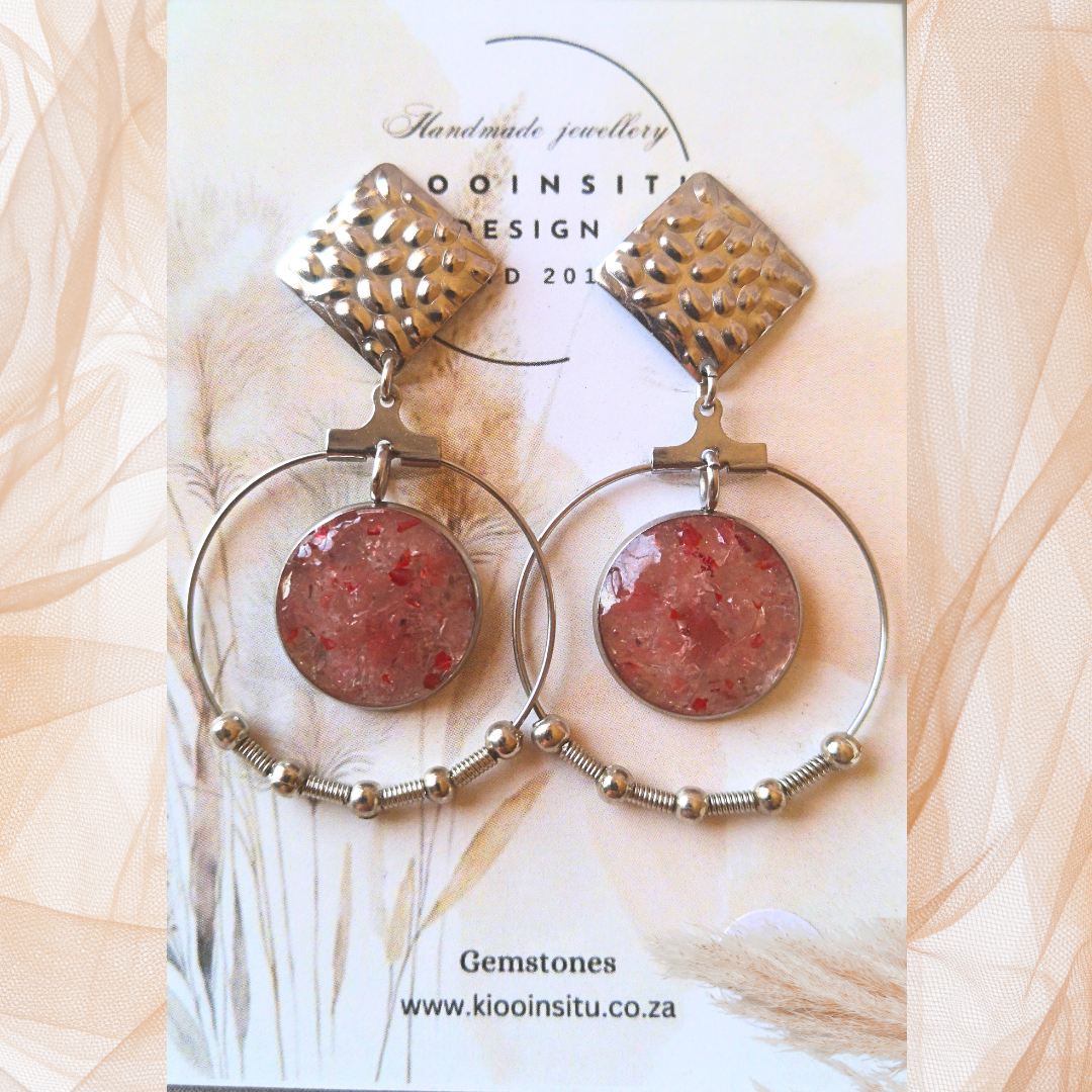 Crushed Strawberry Quartz Stainless Steel Hoop Earrings