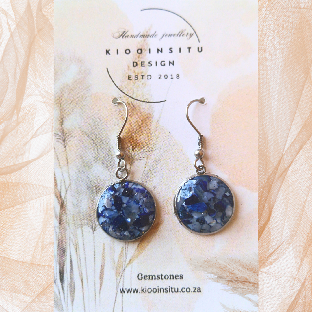 Crushed Dark Blue Agate Stainless Steel Drop Earrings