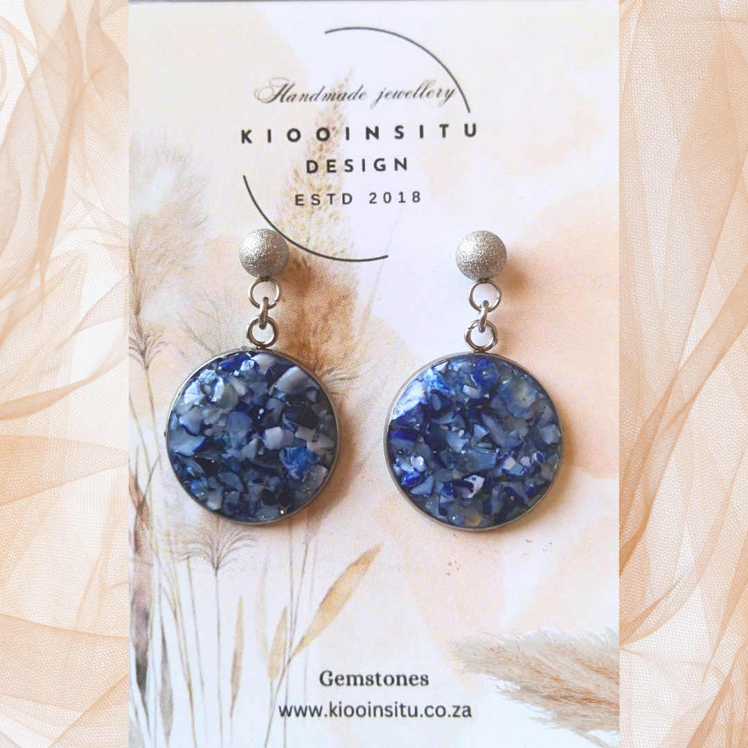 Crushed Dark Blue Agate Stainless Steel Drop Earrings