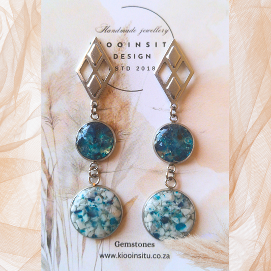 Crushed Blue Agate And Howlite Stainless Steel Dangle Earrings