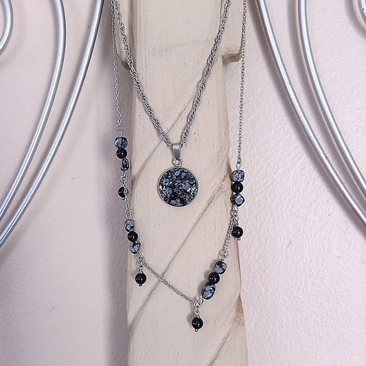 Double Layered Snowflake Obsidian Necklace