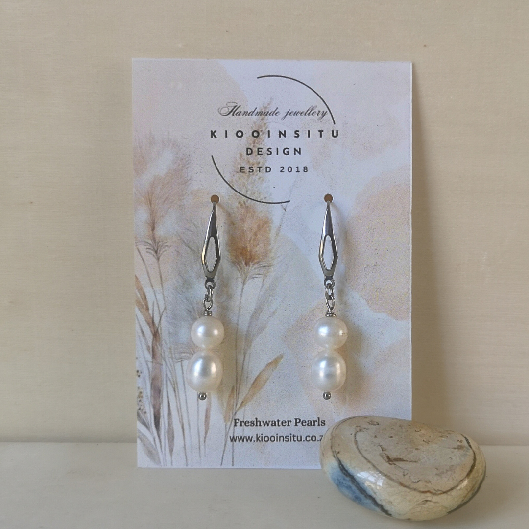 White Freshwater Pearl Stainless Steel Drop Earrings