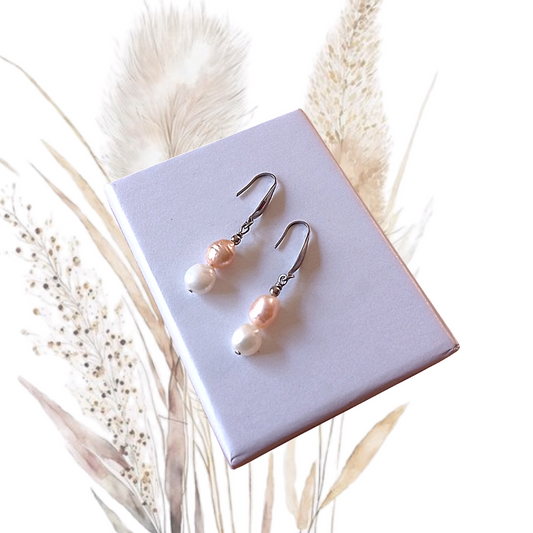 White & Peach Pink Freshwater Pearl Drop Earrings
