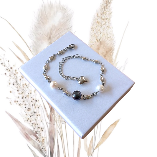 Freshwater Midnight Blue and White Pearls Stainless Steel Bracelet