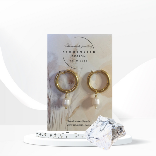 Golden Stainless Steel White Freshwater Pearl Hoop Earrings