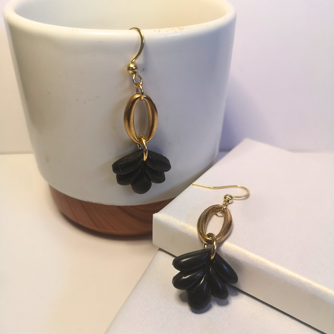 Black Leaf Polymer Clay Dangle Earrings with Gold Stainless Steel Connectors