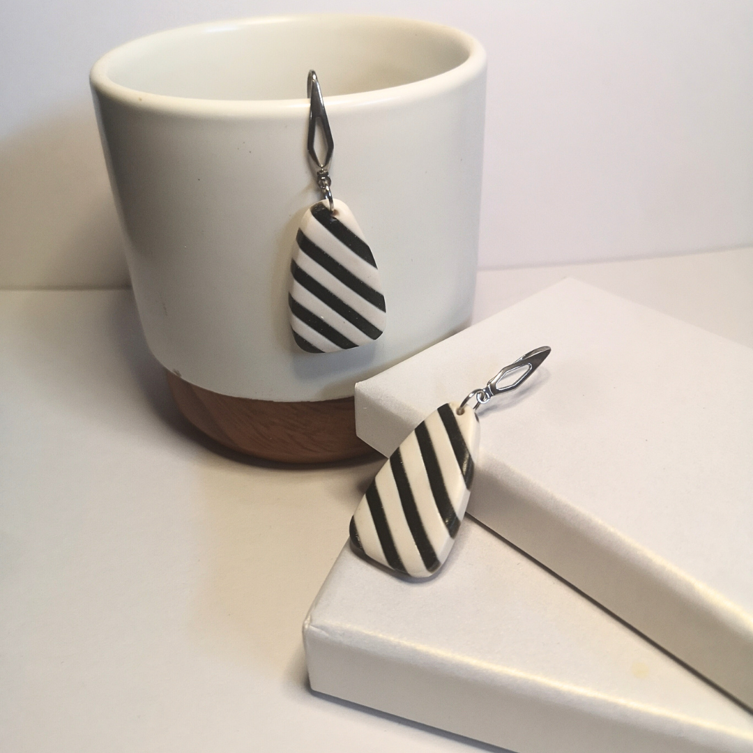 White and Black Striped Triangle Polymer Clay Drop Earrings